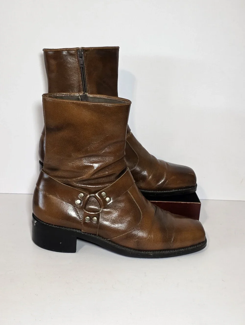 Vintage 70s Mens UN Shoes Brown Leather Zip Harness Boots Square Toe Size 8-8.5
